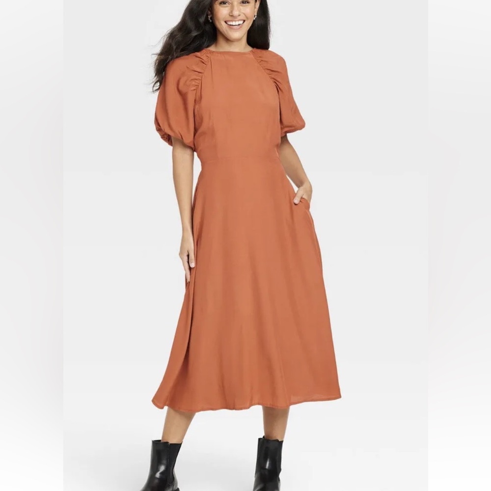 A NEW DAY Rust Puff Sleeve Midi Dress